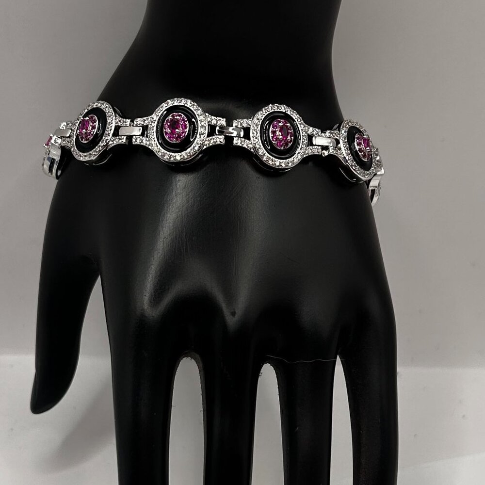 NEW Red & White CZ with Black Enamel Silvertone Oval Segment Bracelet! 7"